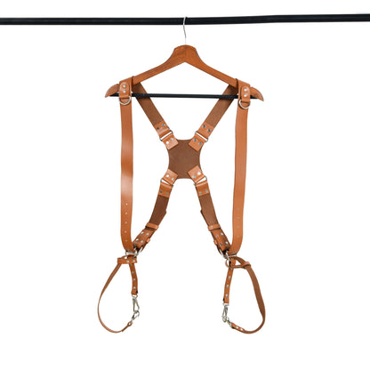 Tan brown double camera strap harness with adjustable shoulder straps