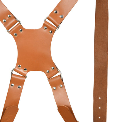 Tan brown leather harness cross straps with riveted metal studs