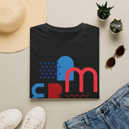 Black graphic T-shirt with red and blue stars and wave flag print