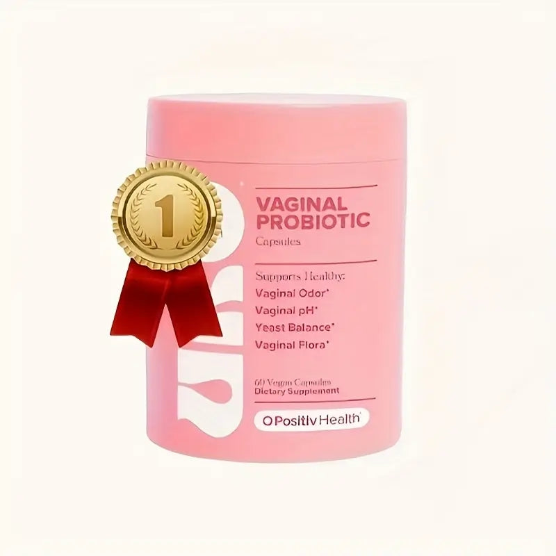 Vaginal probiotic capsule jar with gold badge, 60 vegan capsules