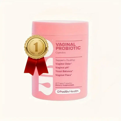 Vaginal probiotic capsule jar with gold badge, 60 vegan capsules