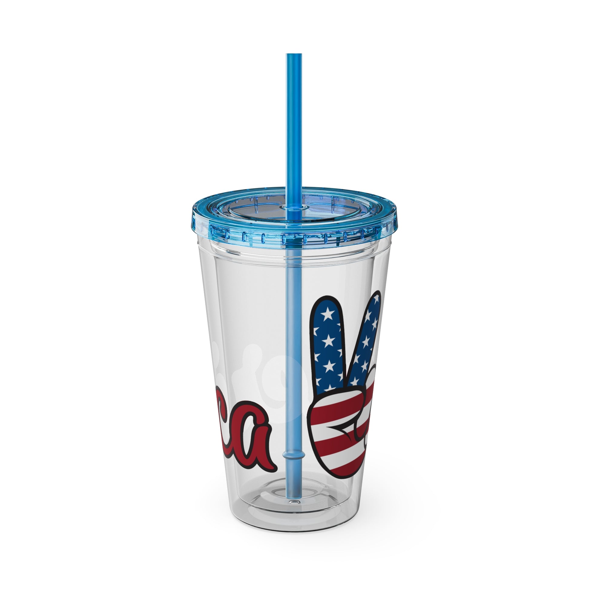 16oz clear tumbler, light blue lid and straw, blue star letter with red stripes