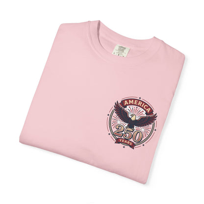 Pink T-shirt with America 250 circular eagle logo on chest, folded