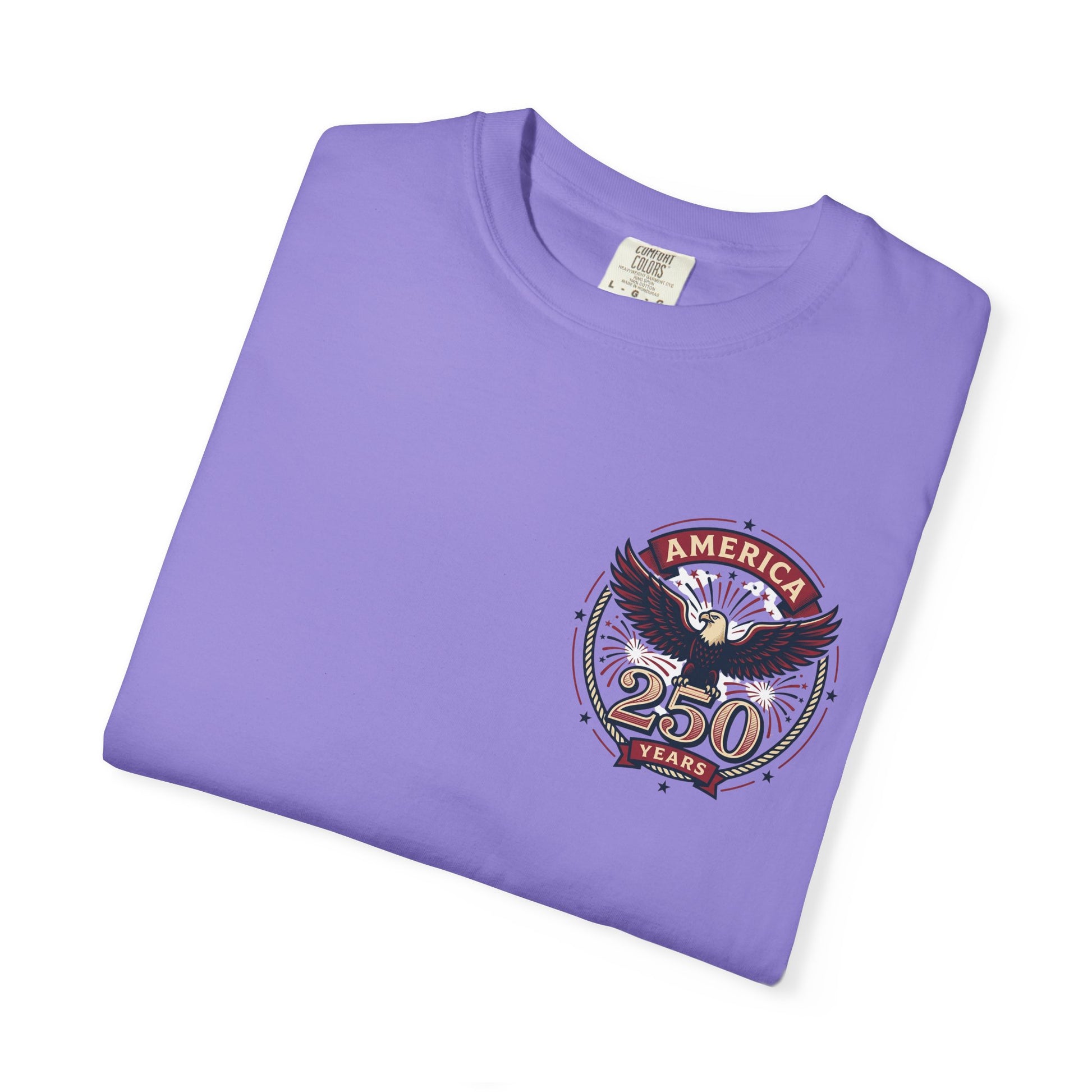 Purple T-shirt with America 250 Years eagle emblem graphic on the chest