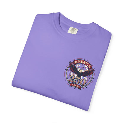 Purple T-shirt with America 250 Years eagle emblem graphic on the chest