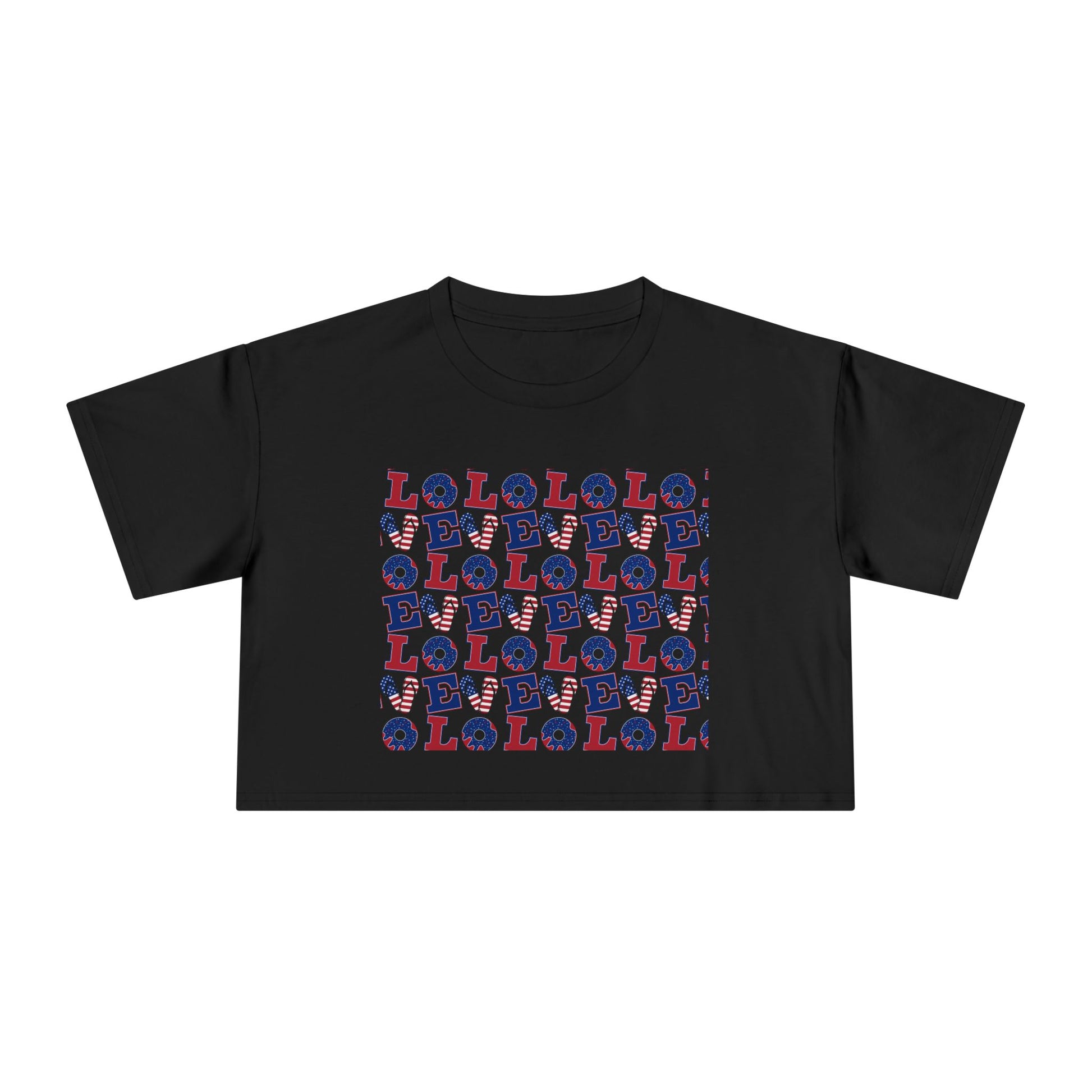 Black graphic crop tee with multicolor “LOL” block print