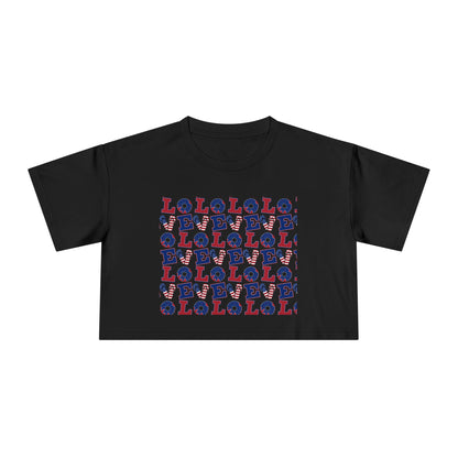Black graphic crop tee with multicolor “LOL” block print