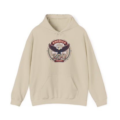 Cream pullover hoodie with eagle and “250 Years” graphic on chest