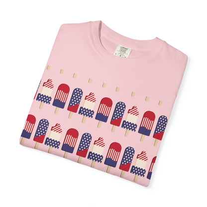 Light pink graphic T-shirt with popsicle flag pattern and ice pop icons