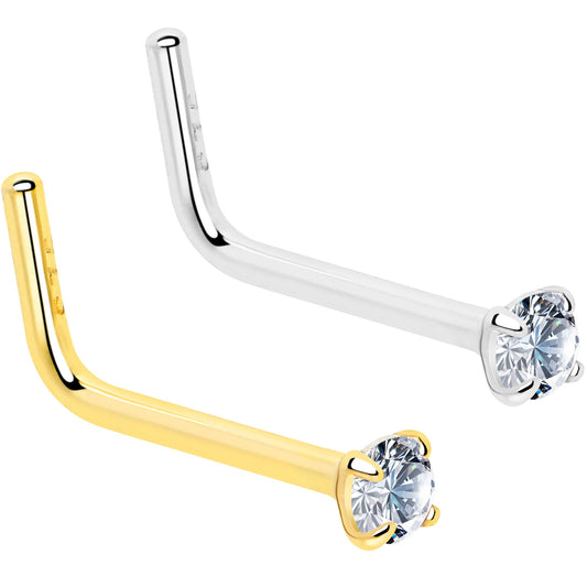 20G Gold Plated 925 Sterling Silver 2mm CZ L-Shape Nose Ring - Renee Lane Company