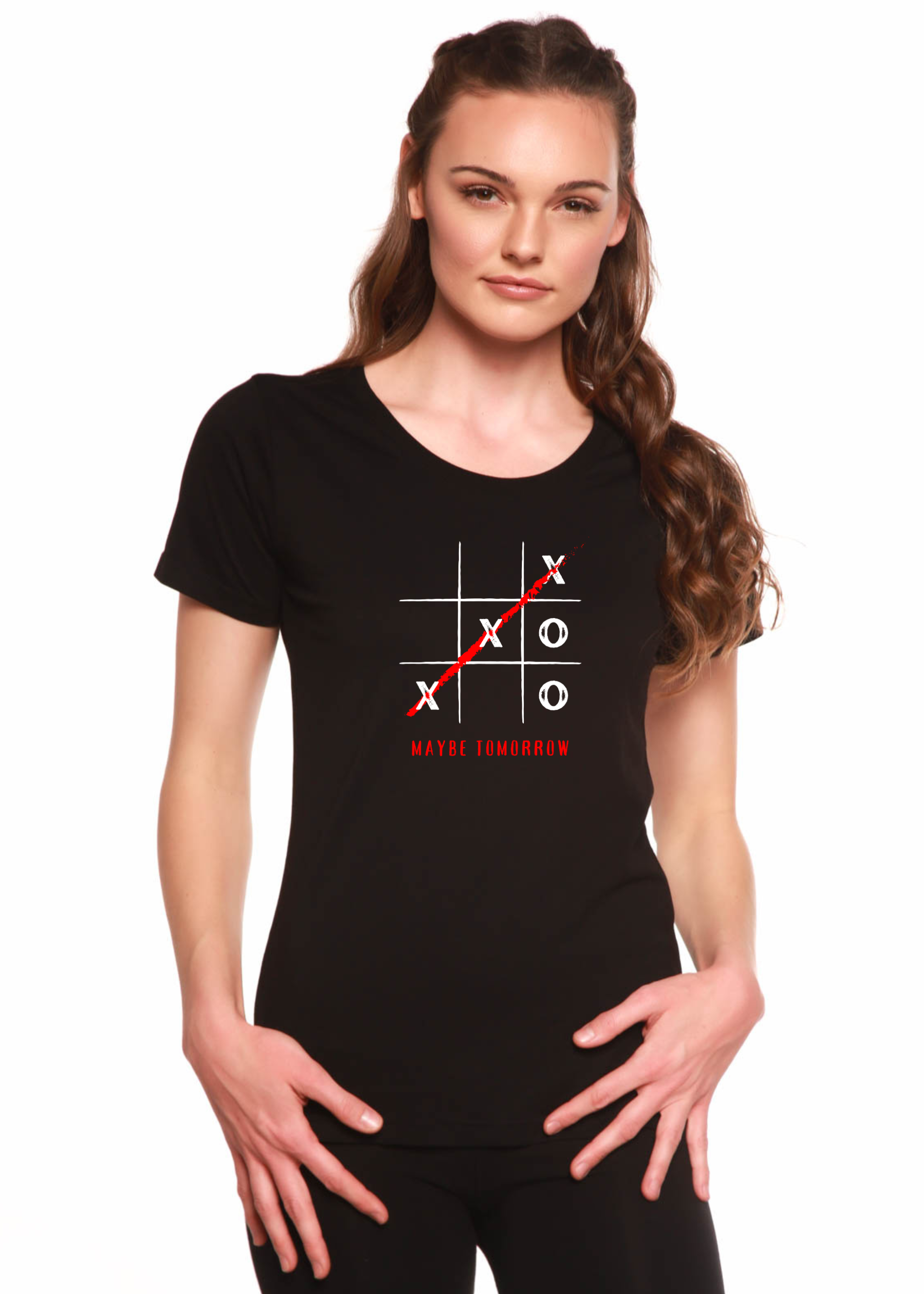 Women’s black scoop-neck graphic T-shirt with red X and o pattern