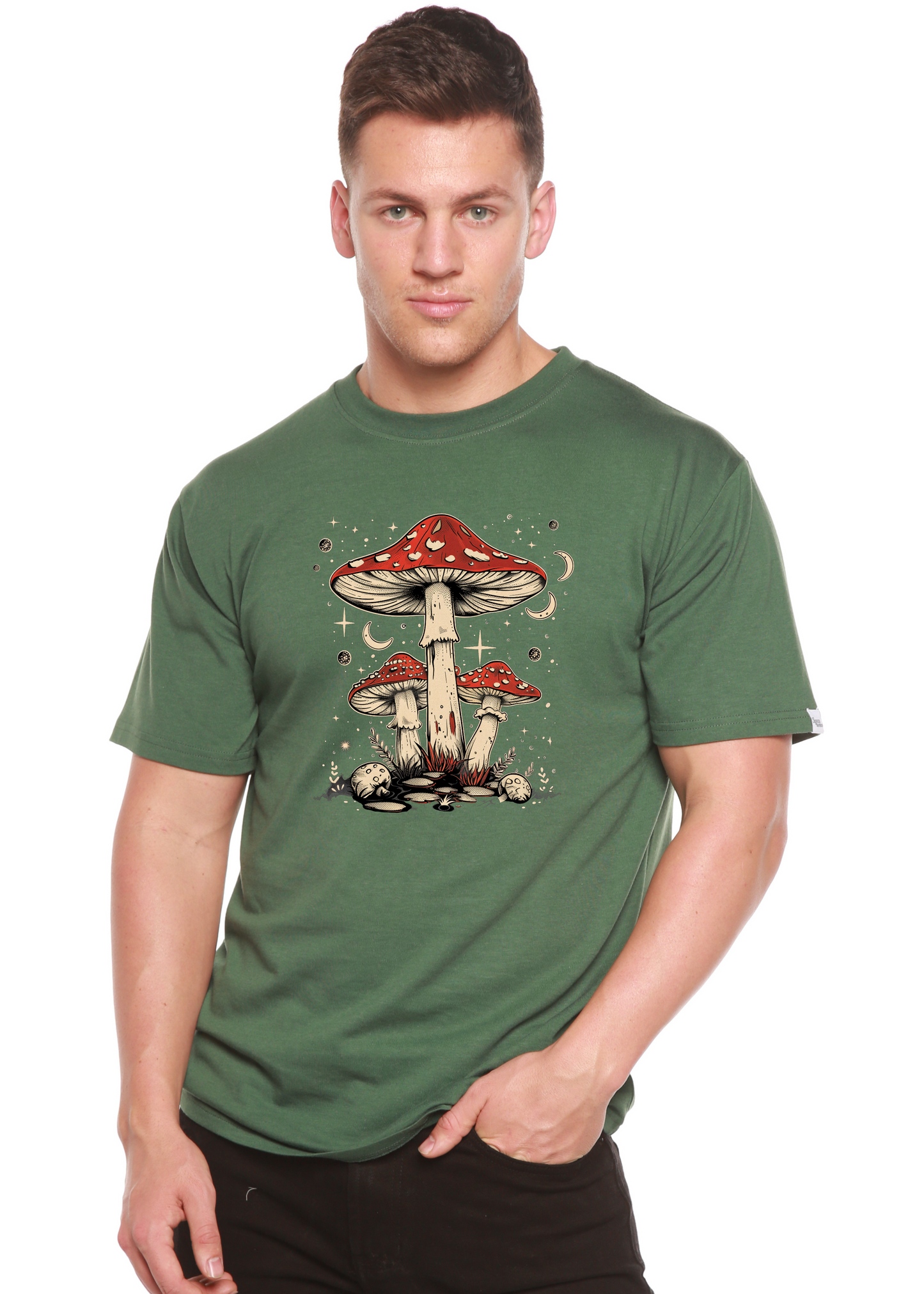 Green unisex graphic T-shirt with red-capped mushrooms and tiny fungi, crew neck.