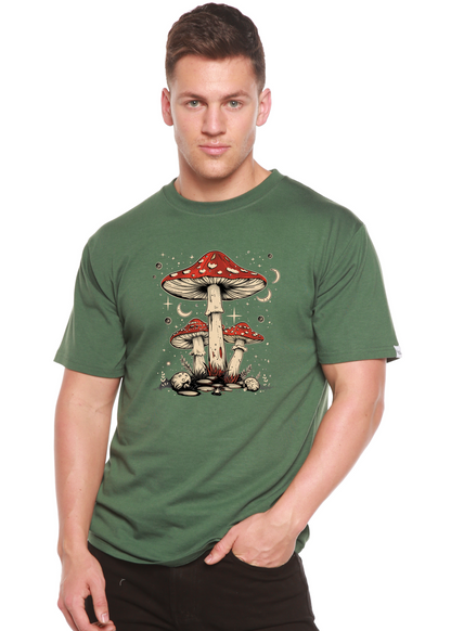 Green unisex graphic T-shirt with red-capped mushrooms and tiny fungi, crew neck.