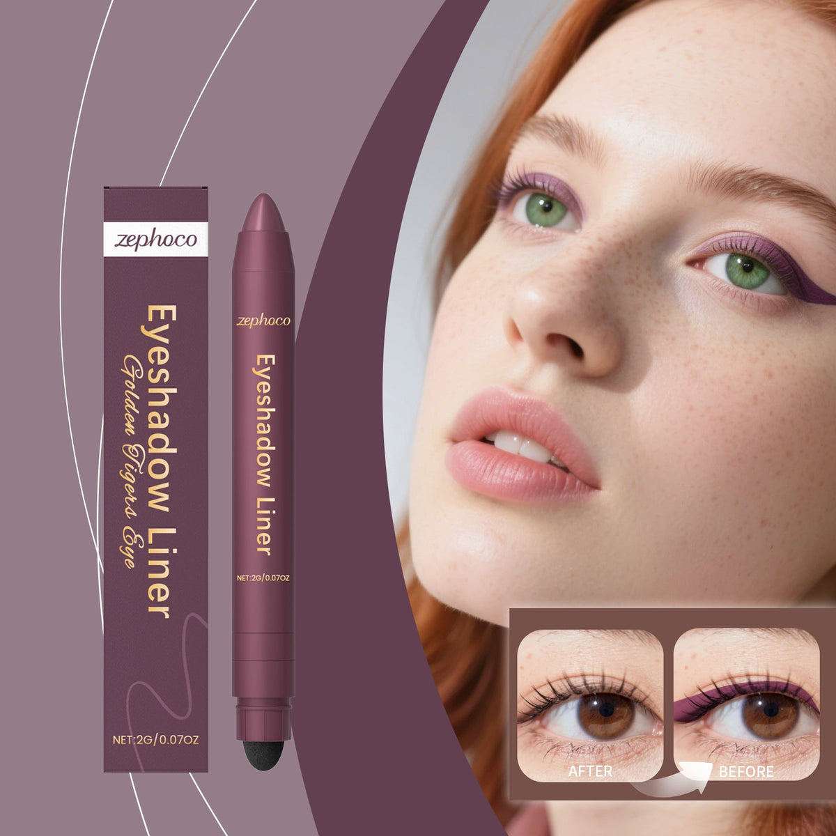 2-in-1 eyeliner pencil with purple wing liner on model, plus before/after inset