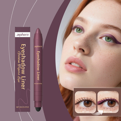 2-in-1 eyeliner pencil with purple wing liner on model, plus before/after inset