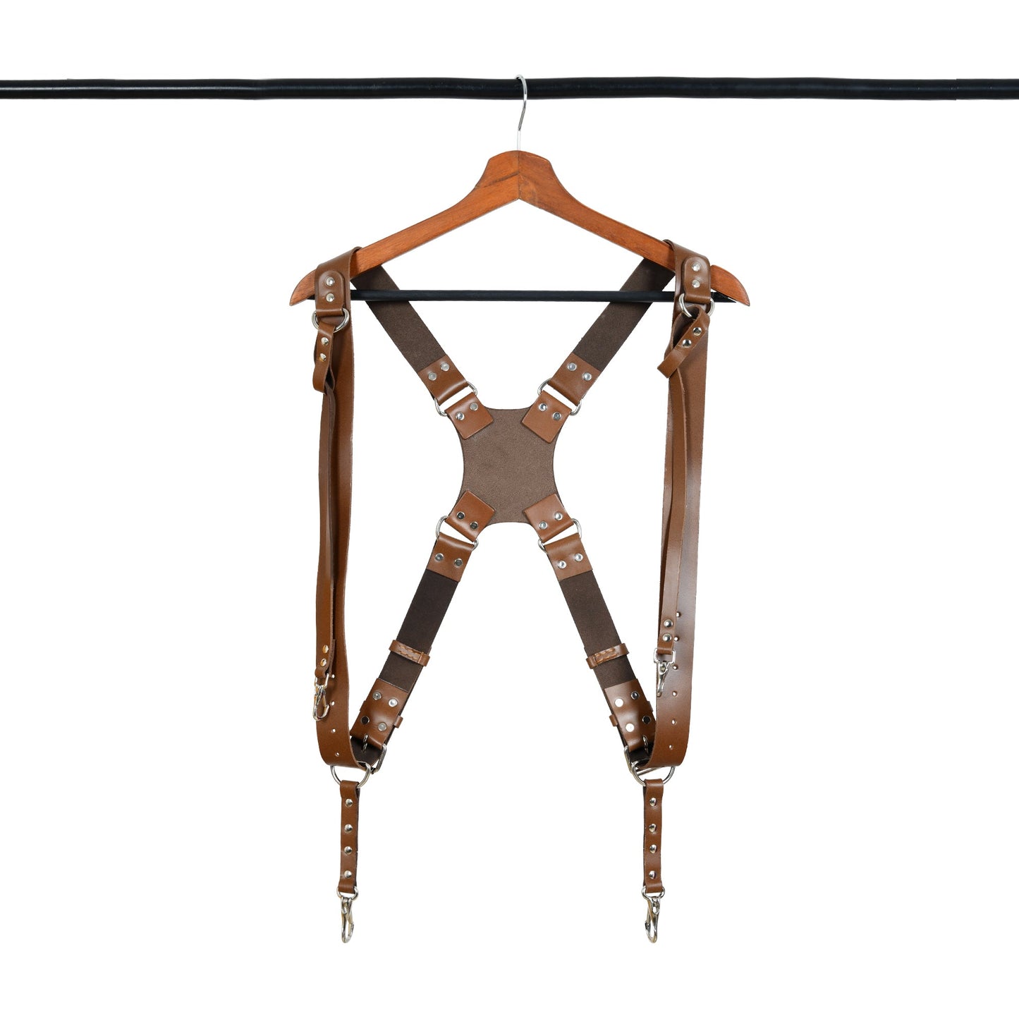Brown leather double camera harness with adjustable shoulder straps and silver studs