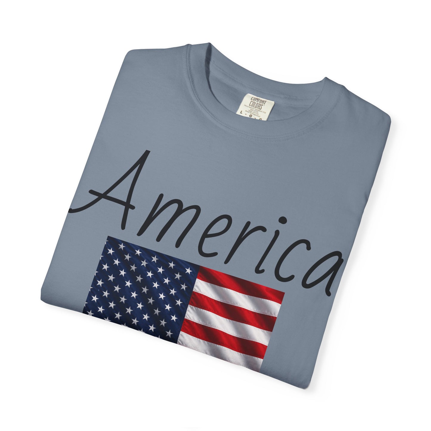 Unisex T-shirt, heather blue, “America” text over U.S. flag graphic on front