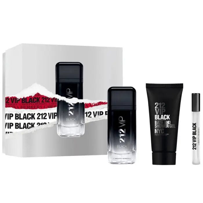 Men's fragrance set with Eau de Parfum bottle, bath and shower gel, and travel spray