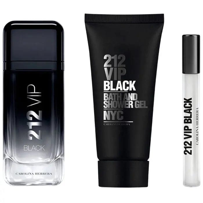 Men's EDP bottle, bath and shower gel tube, and travel spray vial