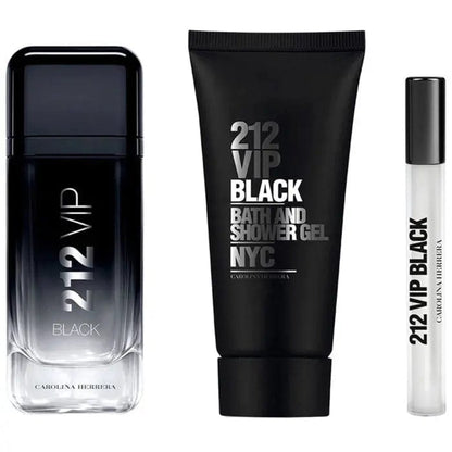 Men's EDP bottle, bath and shower gel tube, and travel spray vial