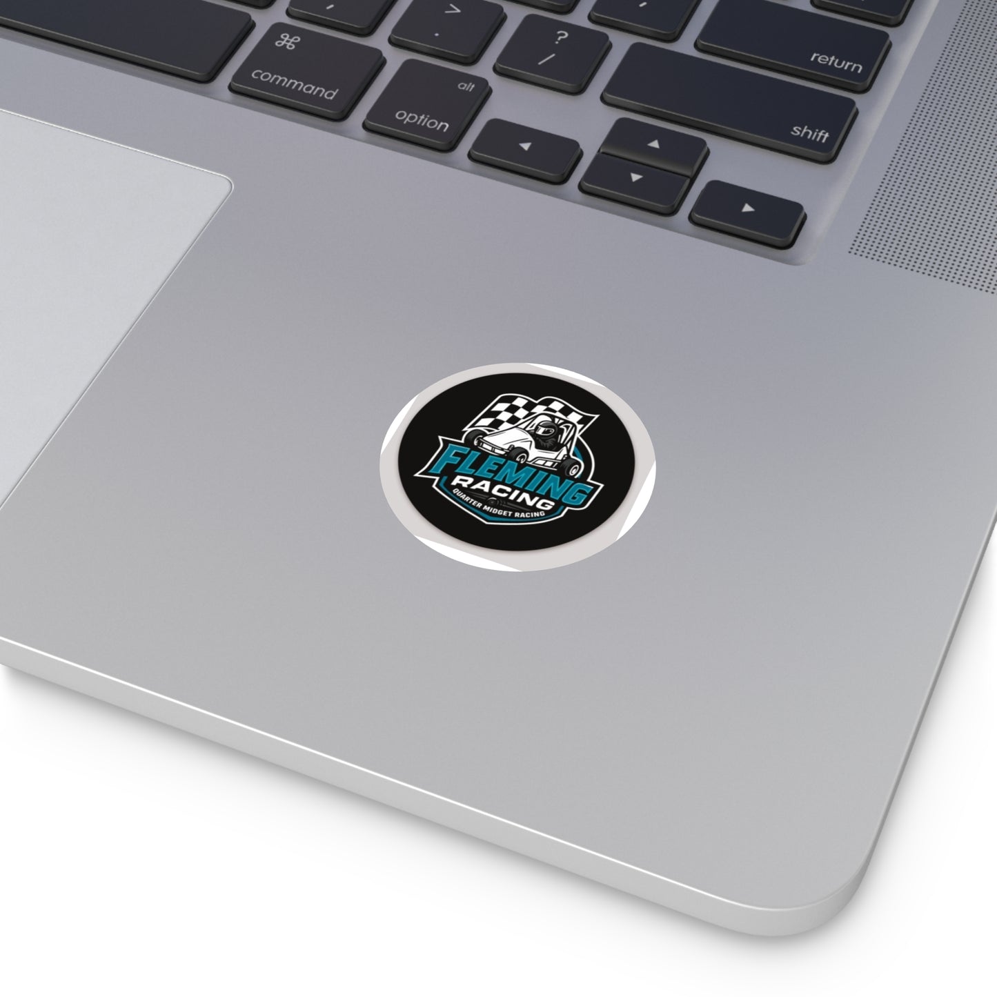 Round black Fleming Racing vinyl sticker with quarter midget car logo and blue accent