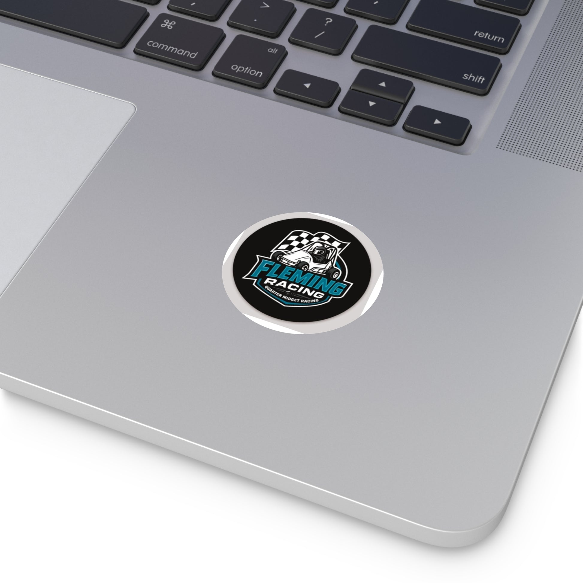 Round black Fleming Racing vinyl sticker with quarter midget car logo and blue accent