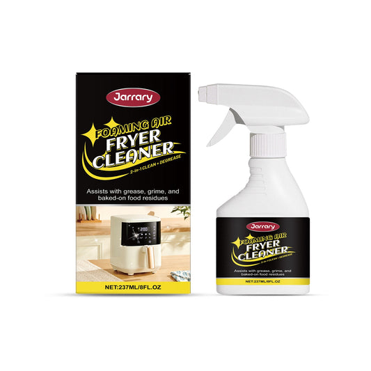 Foaming air fryer cleaner set: white spray bottle and black product box, 237 ml.