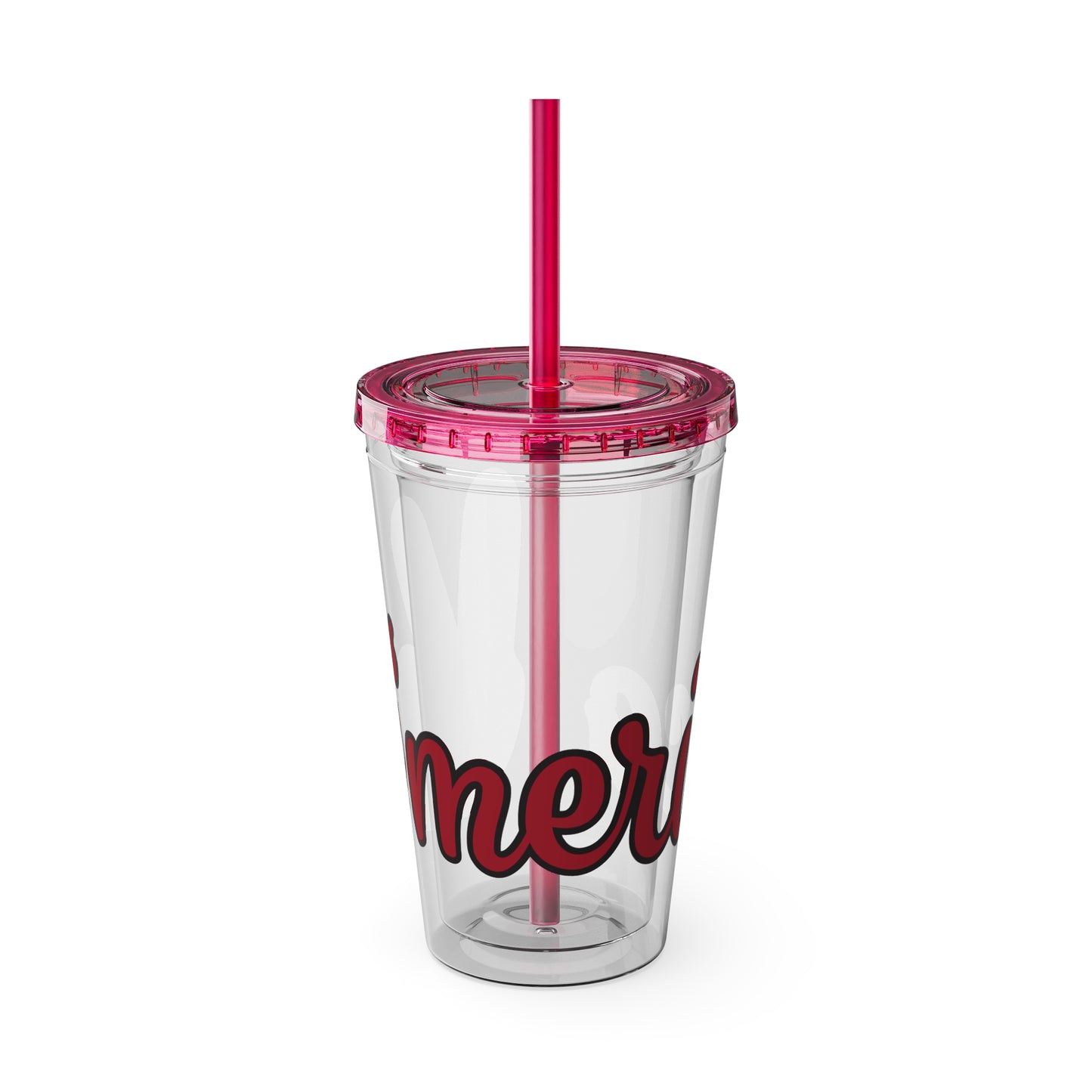 Clear 16oz tumbler with lid and pink straw, red and black "mer" graphic