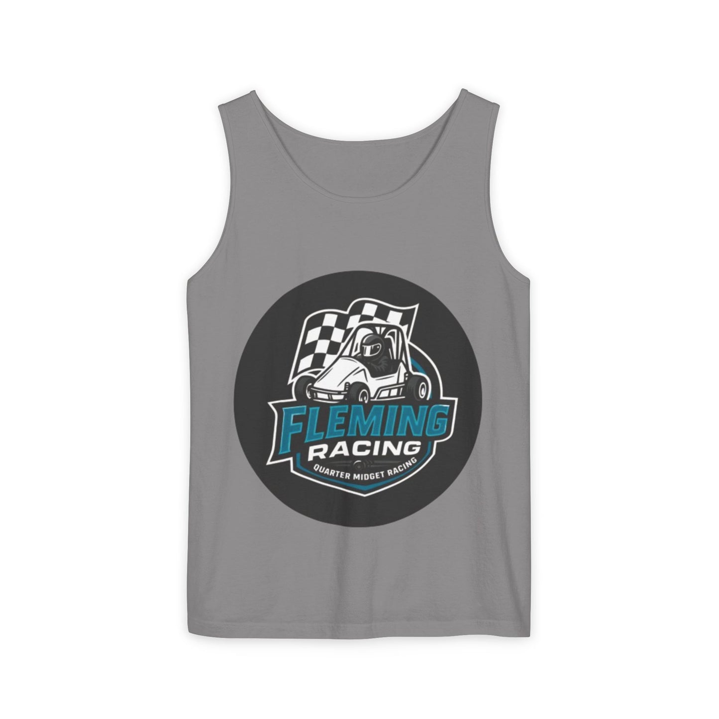 Medium gray racing tank top with round Fleming Racing graphic and checkered car logo