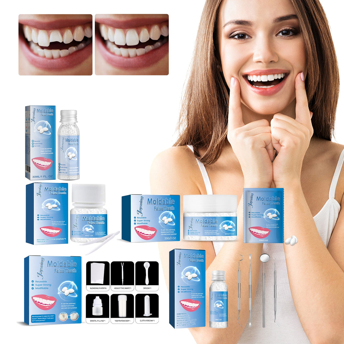 Cosmetic denture fitting kit with gel jars, blue boxes, and dental tools