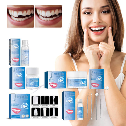 Cosmetic denture fitting kit with gel jars, blue boxes, and dental tools
