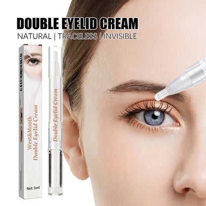 Eyelid shaping cream applicator pen over blue eye area, with box and tube