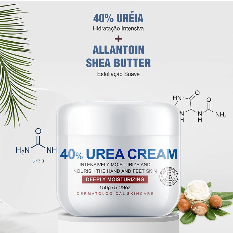 White 40% urea cream jar with deeply moisturizing label and visible ingredients around