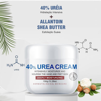 White 40% urea cream jar with deeply moisturizing label and visible ingredients around