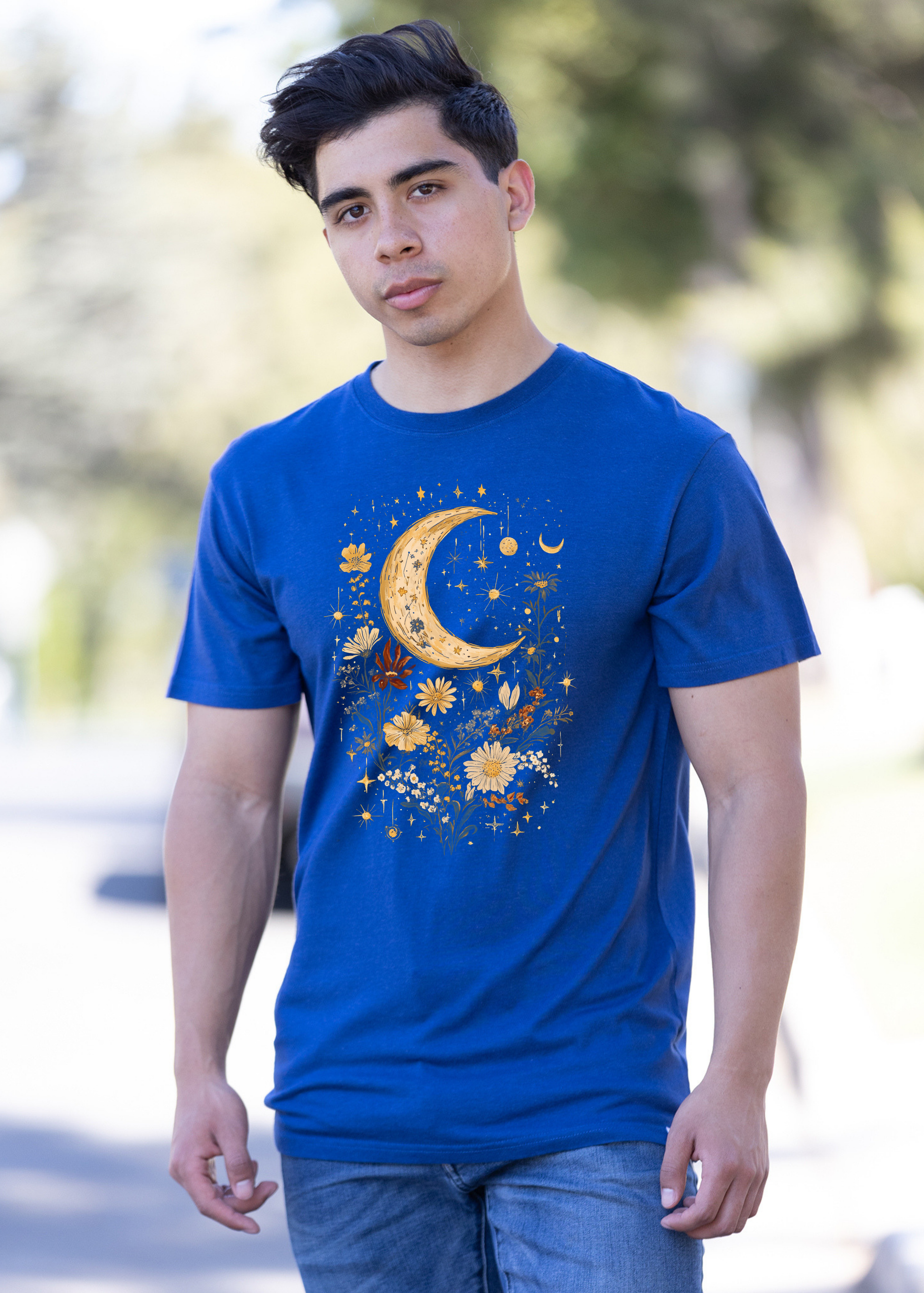 Unisex blue graphic T-shirt with crescent moon and boho flowers