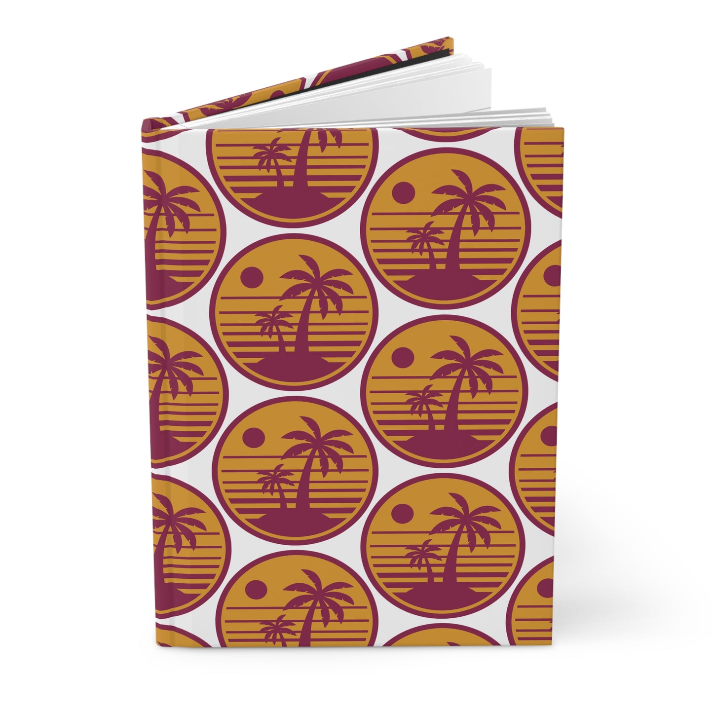 Hardcover journal with retro palm tree circle pattern; pages slightly visible at top edge.