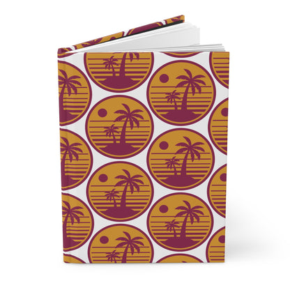 Hardcover journal with retro palm tree circle pattern; pages slightly visible at top edge.