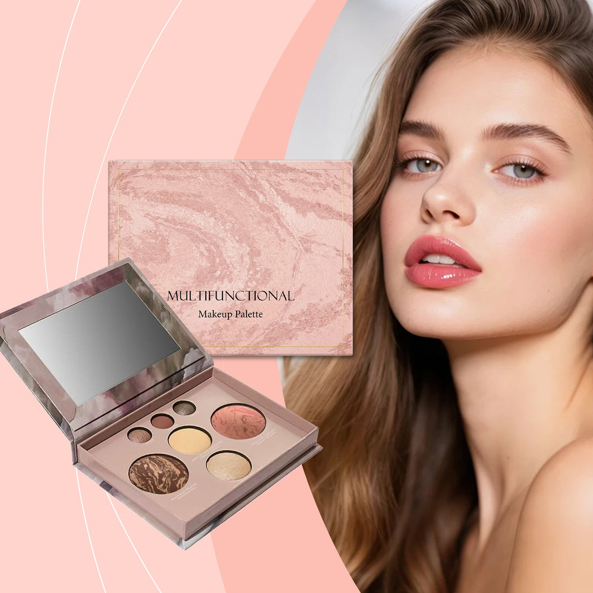Makeup palette open with mirror and six pressed neutral powder shades