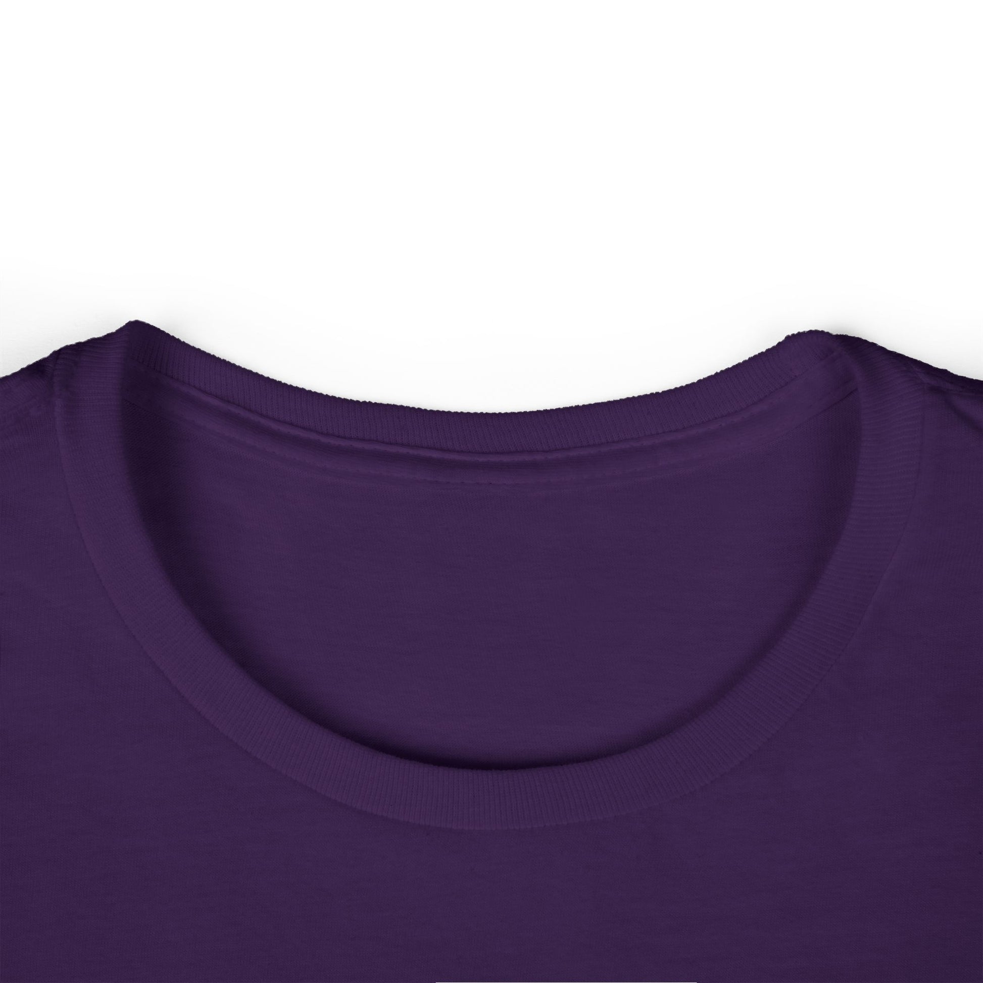 Purple crew-neck T-shirt neckline and upper chest