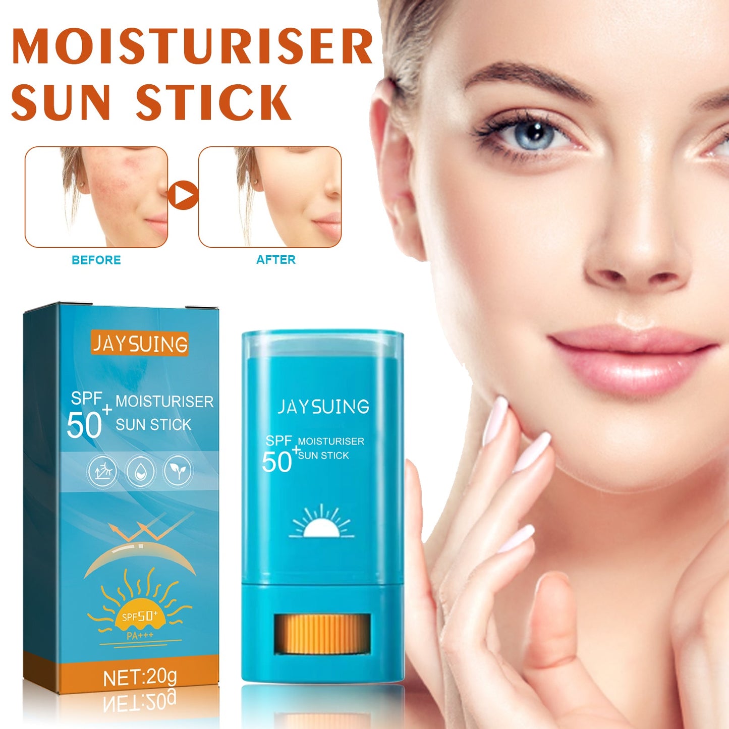 Moisturizing sunscreen stick by JAYSUING: blue box and tube applicator, SPF 50