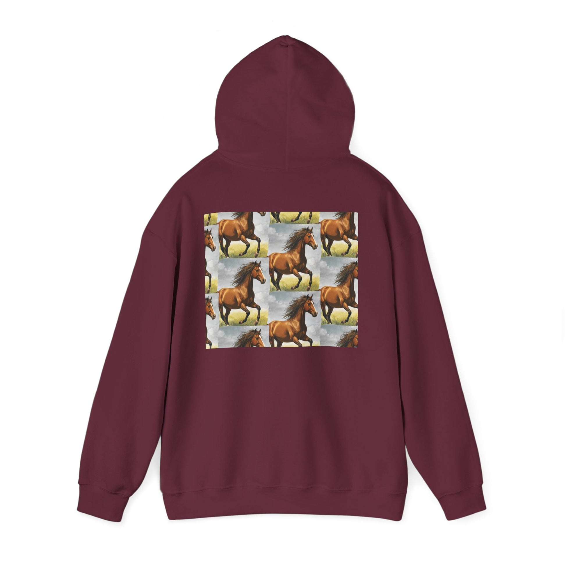 Maroon horse pattern hoodie, back view with hood and centered graphic panel