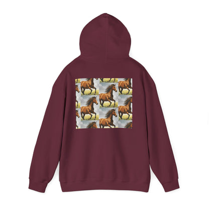 Maroon horse pattern hoodie, back view with hood and centered graphic panel