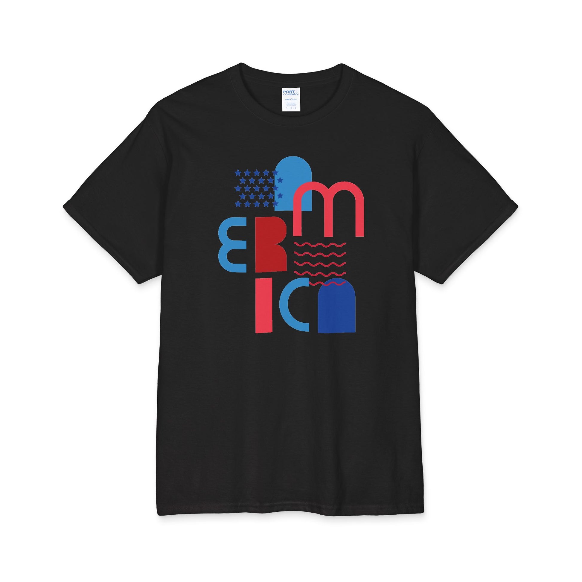 Black graphic T-shirt with abstract block letter design in red and blue