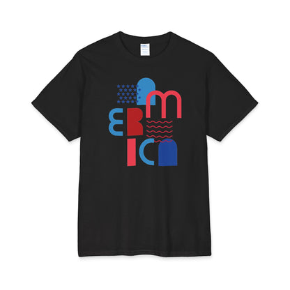 Black graphic T-shirt with abstract block letter design in red and blue