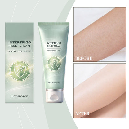 Intertrigo relief cream tube with before-and-after skin results panels