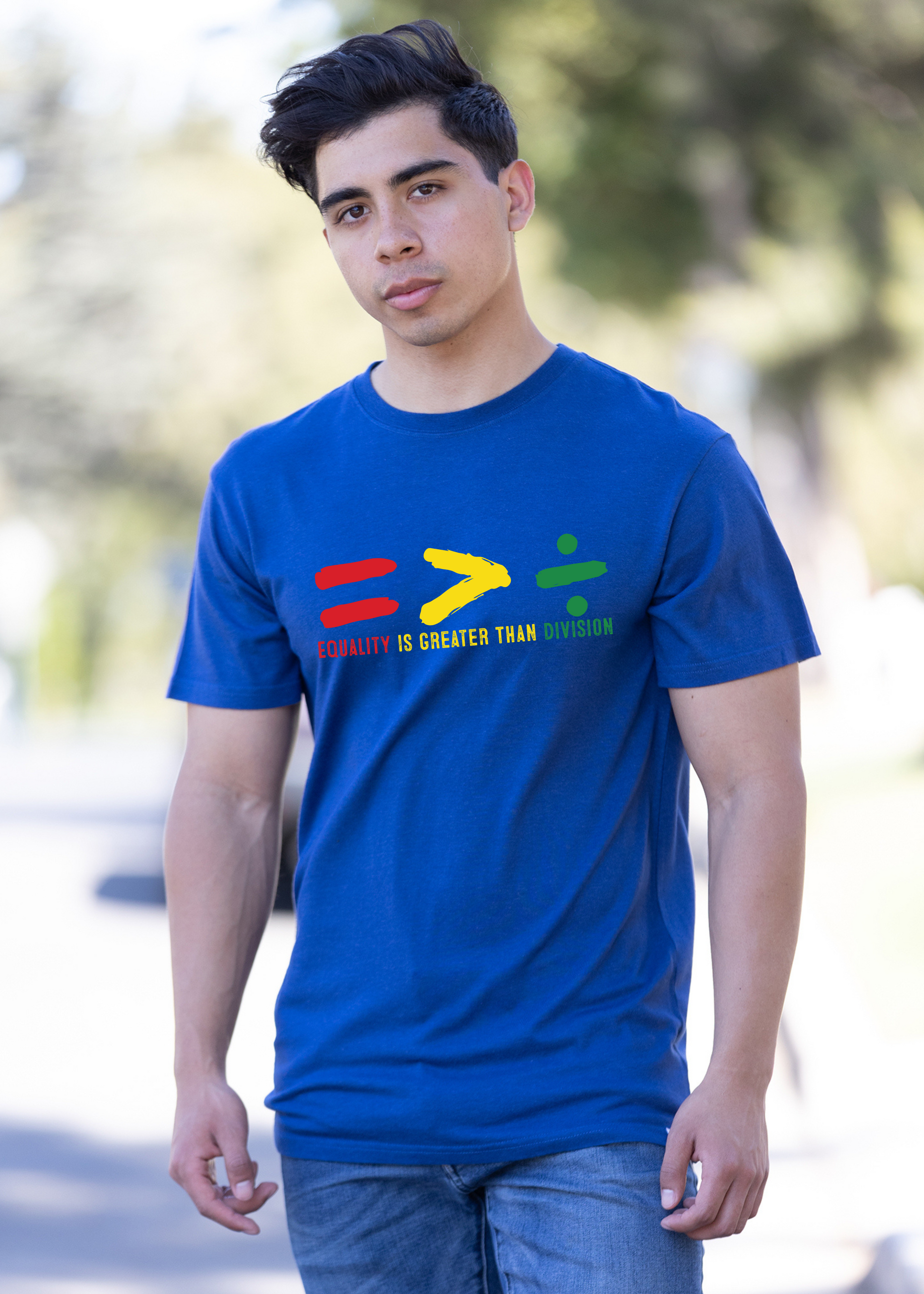 Unisex graphic t-shirt, bright blue, multicolor equality slogan and hands print