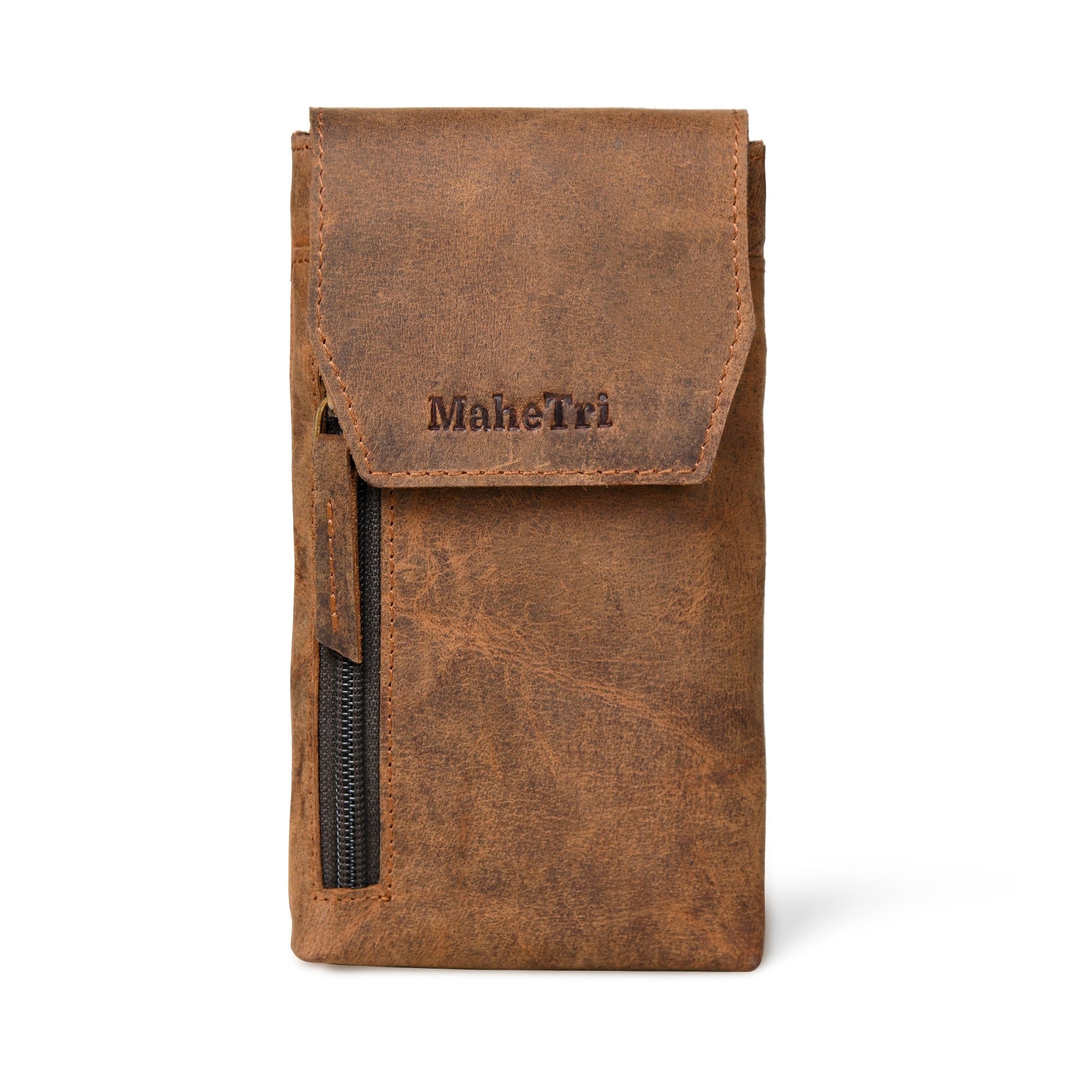 Brown leather holster case with front flap and stitched pocket