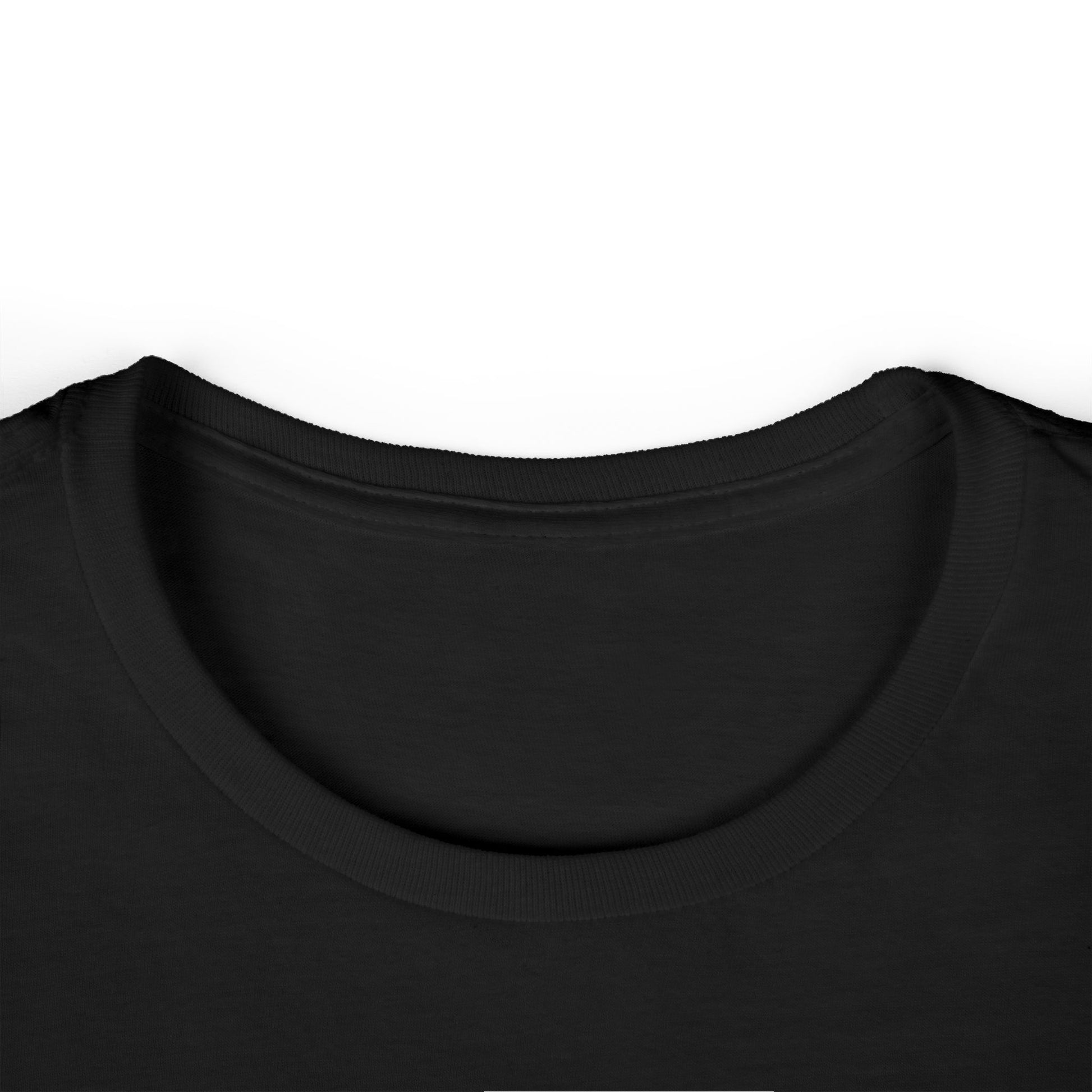 Black crewneck T-shirt collar close-up with ribbed neckline