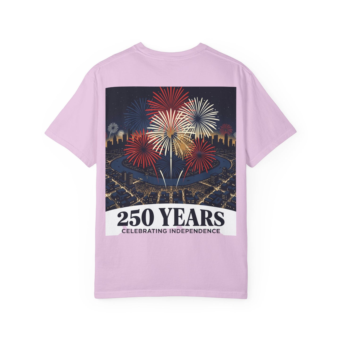 Light pink T-shirt with 250 Years fireworks graphic and independence text on back