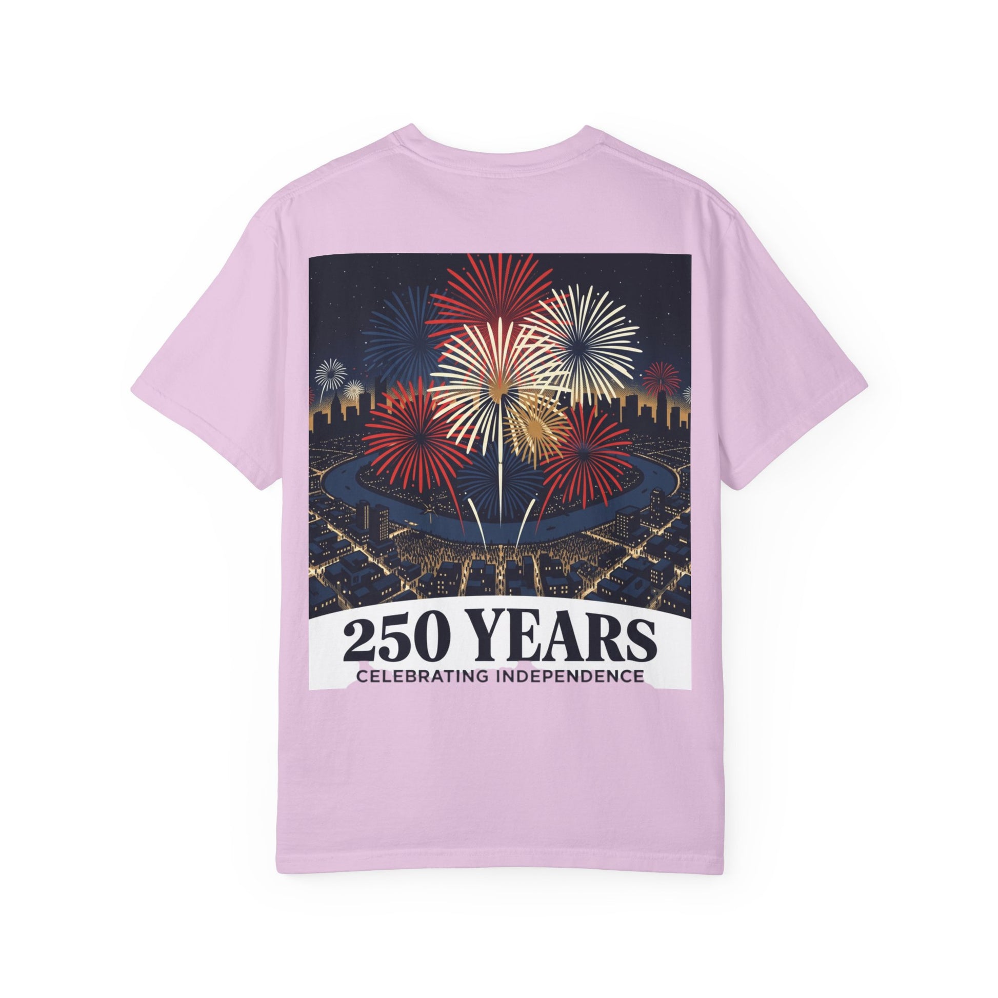 Light pink T-shirt with 250 Years fireworks graphic and independence text on back